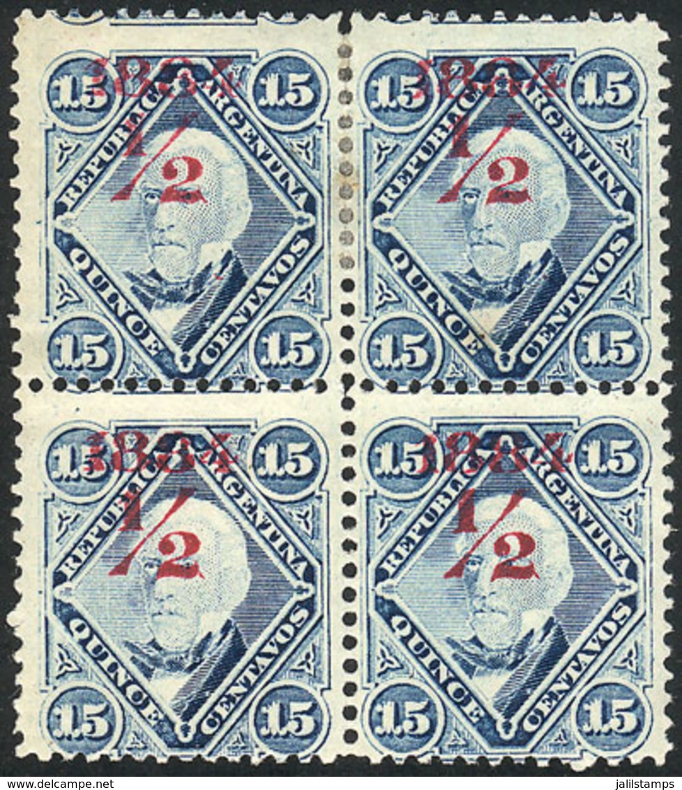 ARGENTINA: GJ.68, 1884 Provisional ½c. On 15c. With Groundwork Of HORIZONTAL Lines, CARMINE Ovpt., The Bottom Stamps MNH - Autres & Non Classés