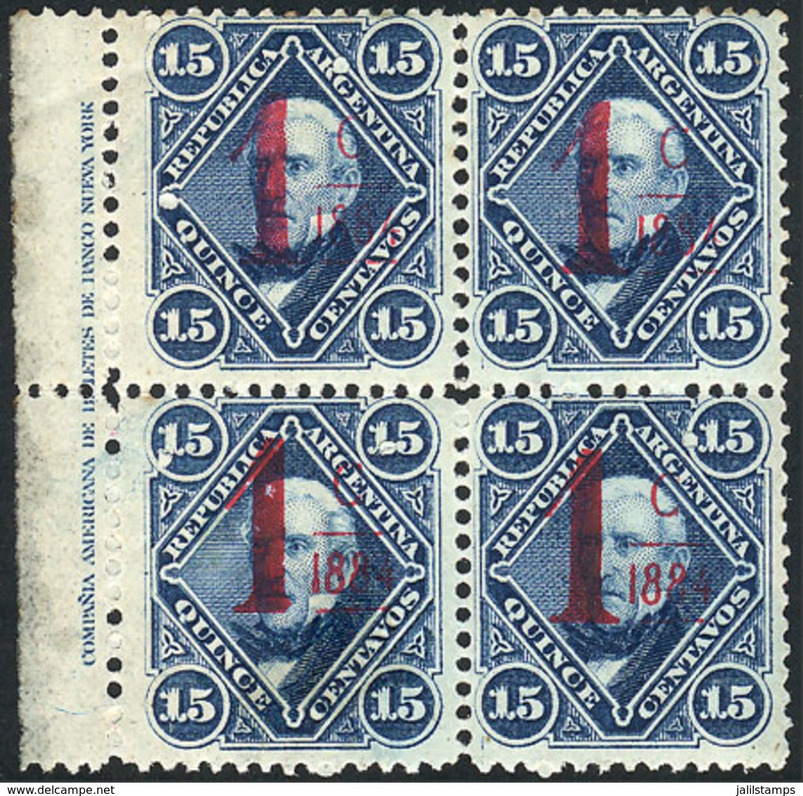 ARGENTINA: GJ.74, MNH Block Of 4 With Sheet Margin, Superb, Extremely Rare! With Aberto Solari Certificate - Autres & Non Classés