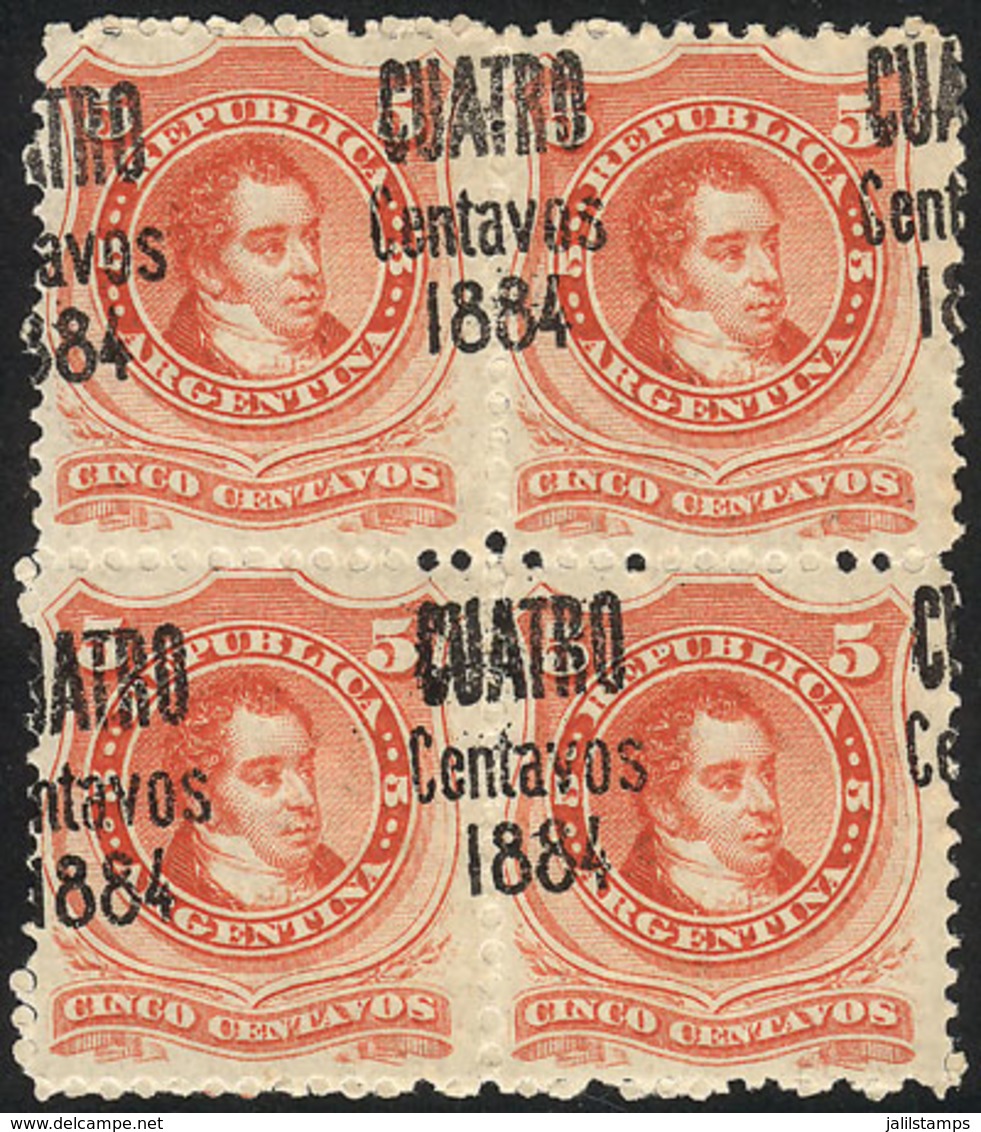 ARGENTINA: GJ.76, Fantastic Block Of 4 With Very Shifted Overprint (over The Perforation), The Top Stamps Have A Tiny An - Autres & Non Classés