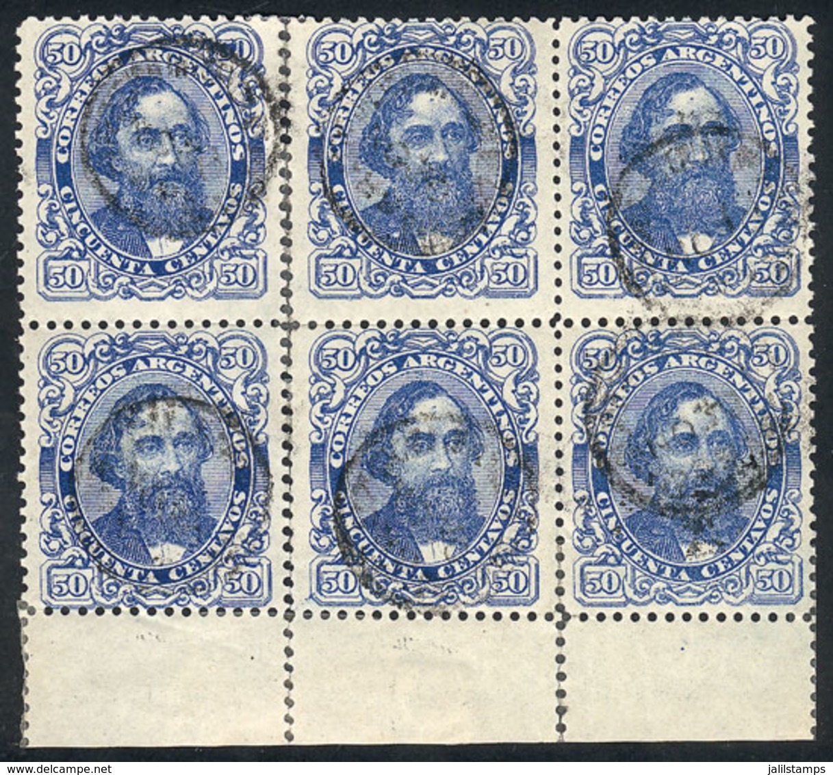 ARGENTINA: GJ.93, 1888 50c. Mitre, Beautiful Used Block Of 6 With Lower Sheet Margin (the Left Vertical Pair Is Separate - Autres & Non Classés