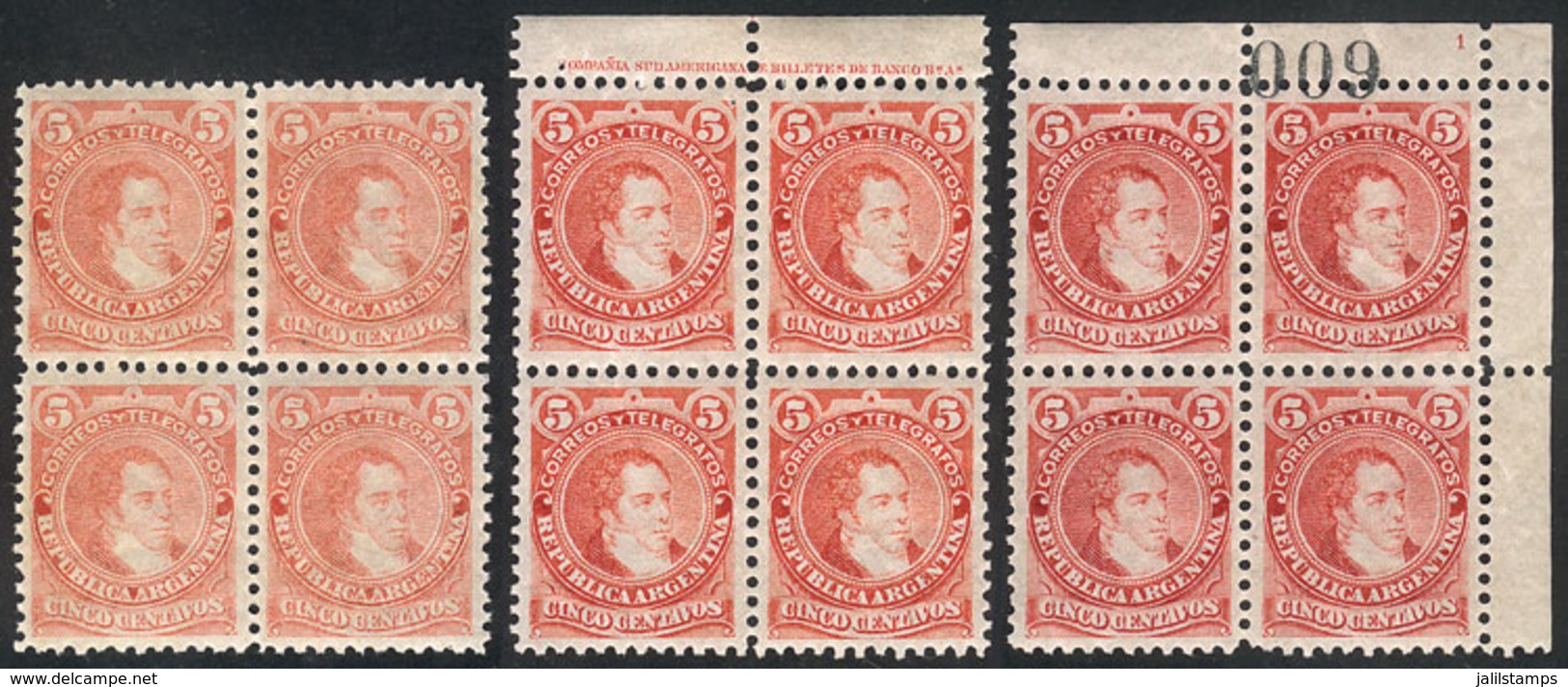 ARGENTINA: GJ.105, 1889 5c. Rivadavia Type I (large Head), 3 Blocks Of 4 In VERY DIFFERENT COLORS, MNH, VF Quality (only - Other & Unclassified