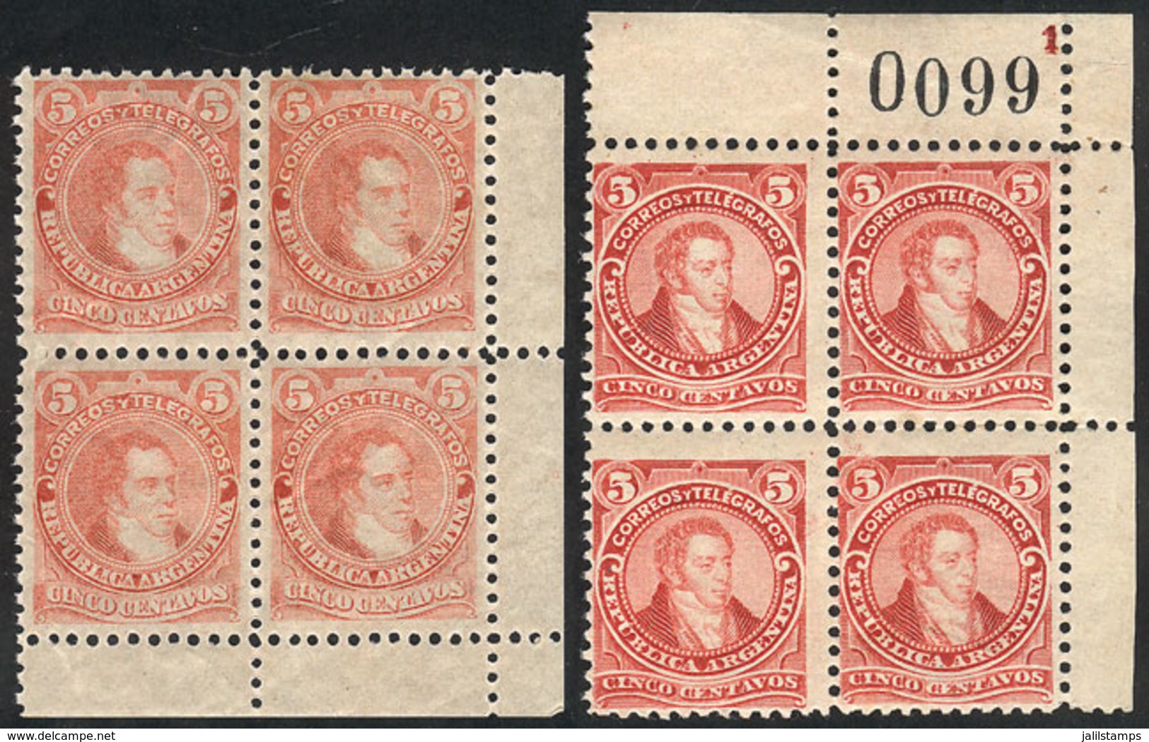 ARGENTINA: GJ.105 + 106, 1889 5c. Rivadavia Type I And II (large And Small Head), Corner Blocks Of 4, Superb, MNH (in Th - Autres & Non Classés