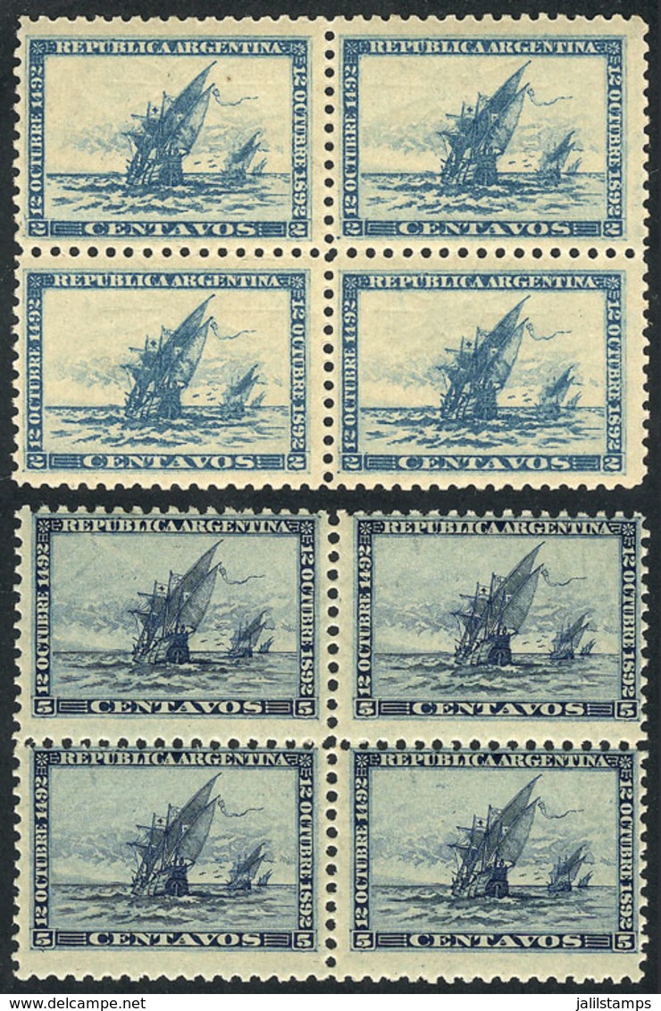 ARGENTINA: GJ.135/136, 1892 Discovery Of America 400 Years (Columbus), Cmpl. Set Of 2 Values In MNH Blocks Of 4, Excelle - Autres & Non Classés