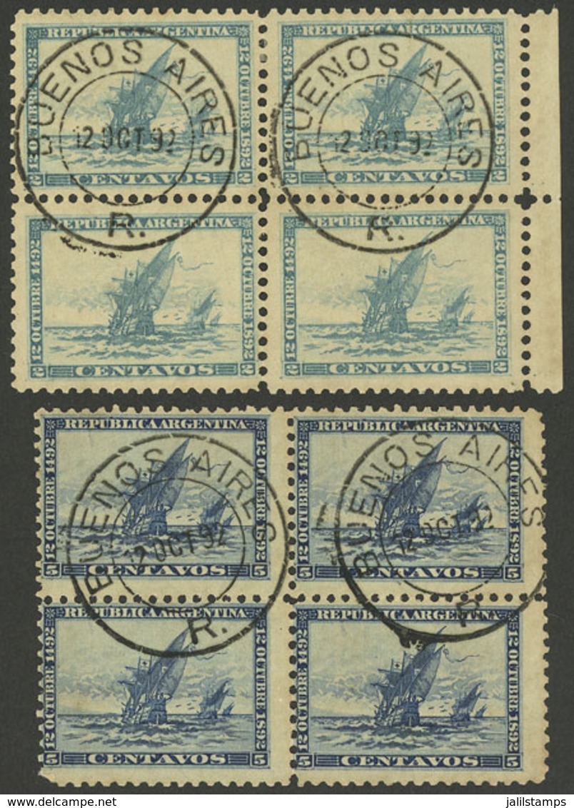 ARGENTINA: GJ.135/136, 1892 Discovery Of America 400 Years, Cmpl. Set Of 2 Values In Blocks Of 4 Cancelled Buenos Aires  - Other & Unclassified