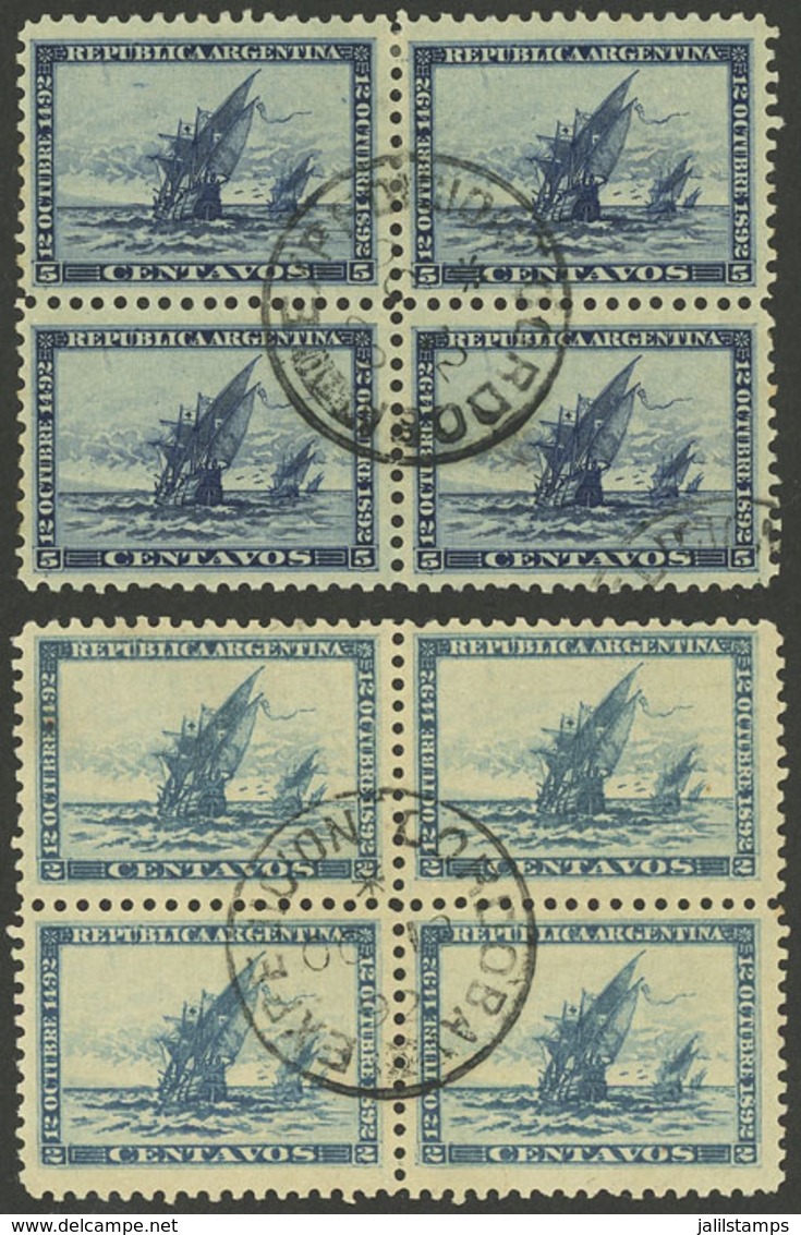 ARGENTINA: GJ.135/136, 1892 Discovery Of America 400 Years, Cmpl. Set Of 2 Values In Blocks Of 4 Cancelled Córdoba 12/OC - Other & Unclassified