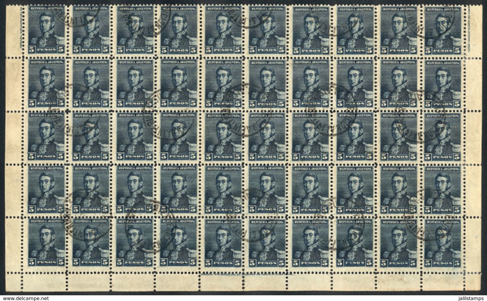 ARGENTINA: GJ.151, 1892 5P. San Martín, Large Used Block Of 50 Stamps (lower Half Of The Sheet), Excellent Quality! - Sonstige & Ohne Zuordnung