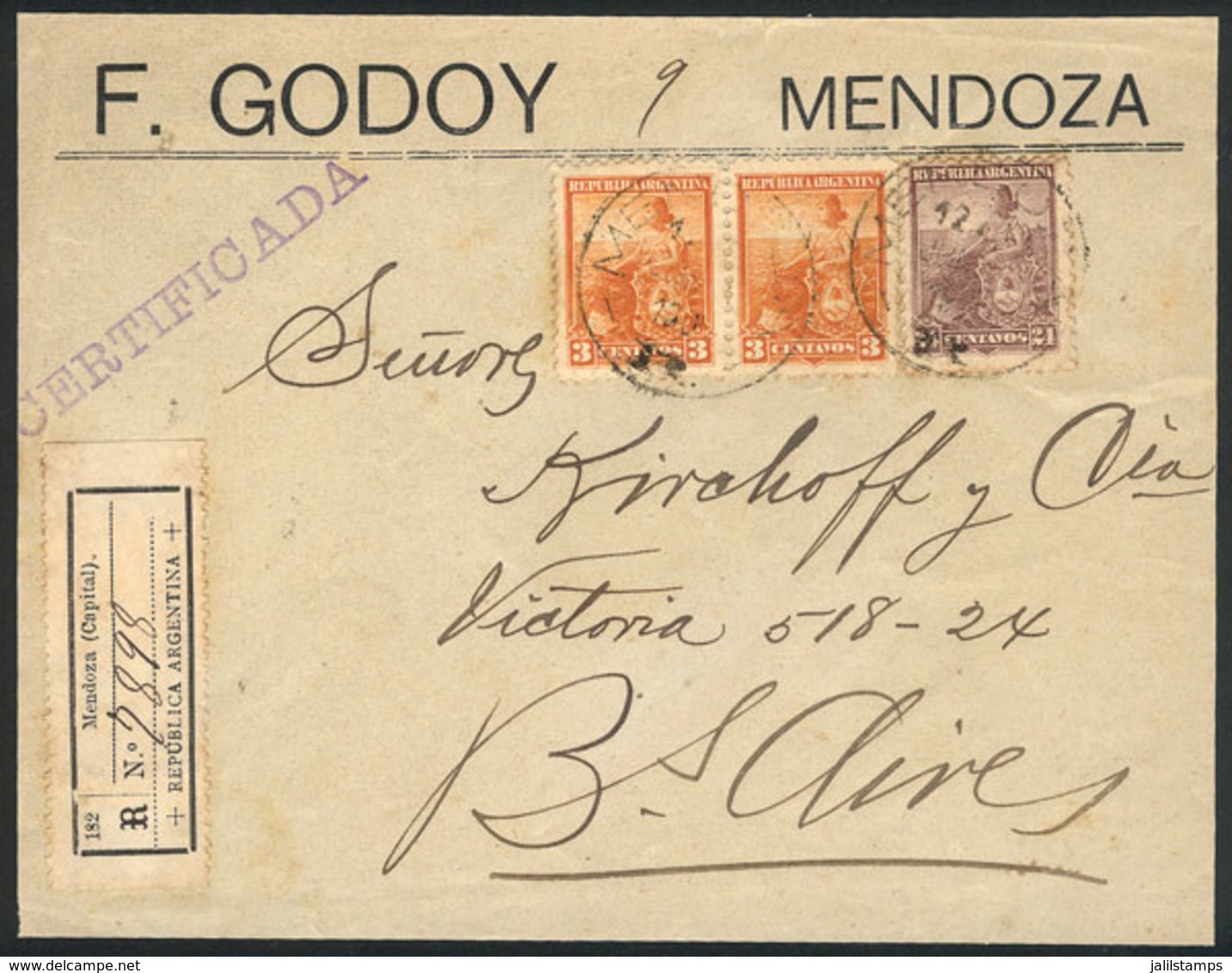 ARGENTINA: GJ.230 (24c. Liberty) + 220 X2, Franking A Front Of Registered Cover Sent From MENDOZA To Buenos Aires, Excel - Andere & Zonder Classificatie