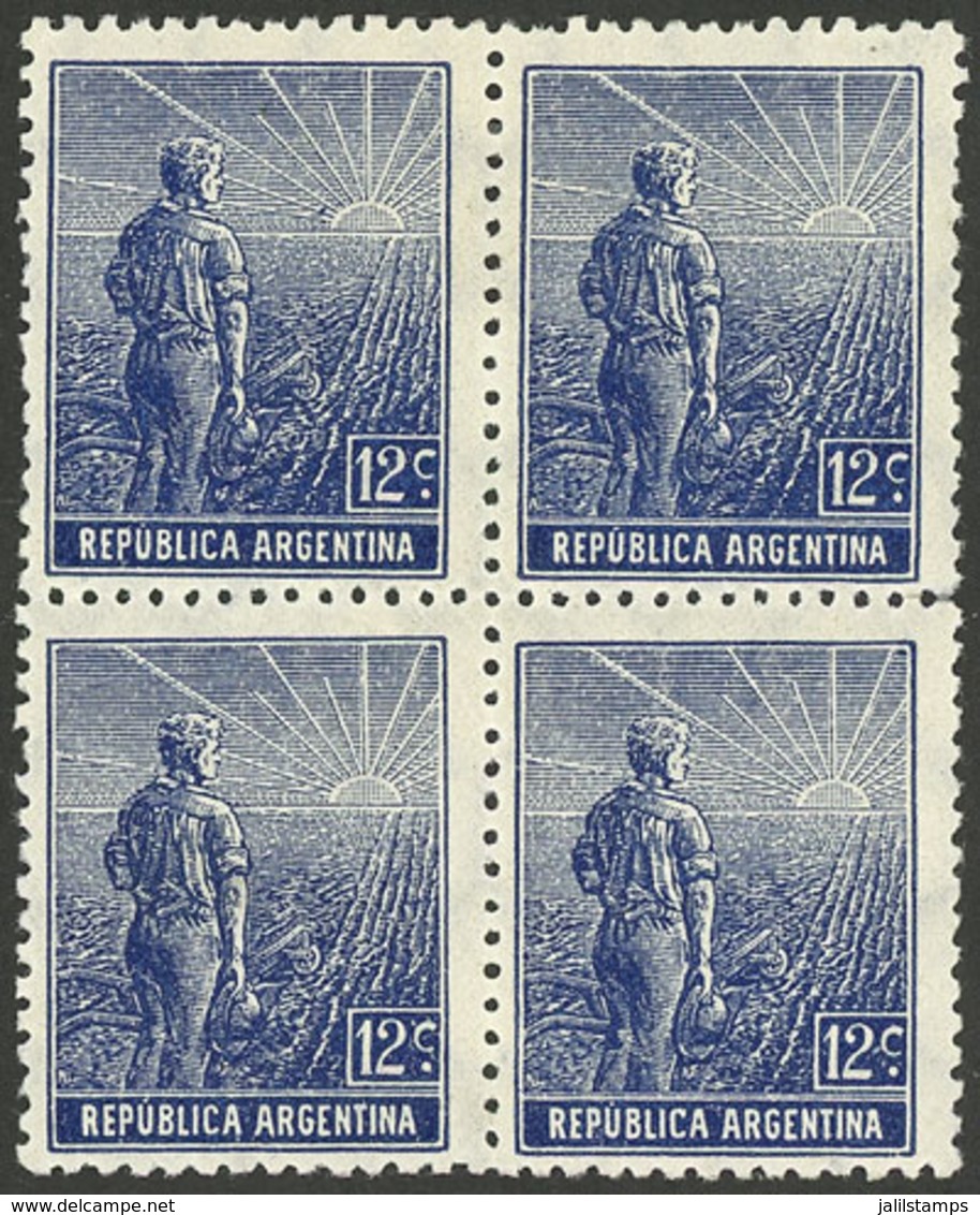 ARGENTINA: GJ.350, 1912 12c. Plowman, Block Of 4 Printed On German Paper, Vertical Honeycomb Wmk And PERF 13½, The Botto - Other & Unclassified