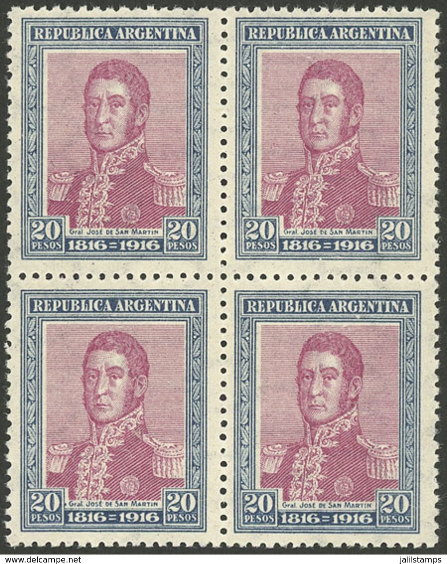 ARGENTINA: GJ.422, 1916 20P. San Martín, MNH Block Of 4 (+50%), Superb, Very Rare In This Excellent Quality! - Other & Unclassified