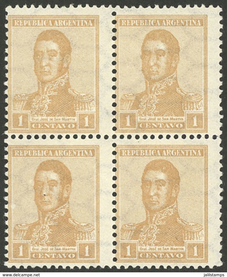 ARGENTINA: GJ.437, 1917 1c. San Martín With HORIZONTAL Honeycomb Wmk And PERF 13½x12½, Superb Block Of 4, The Bottom Sta - Other & Unclassified