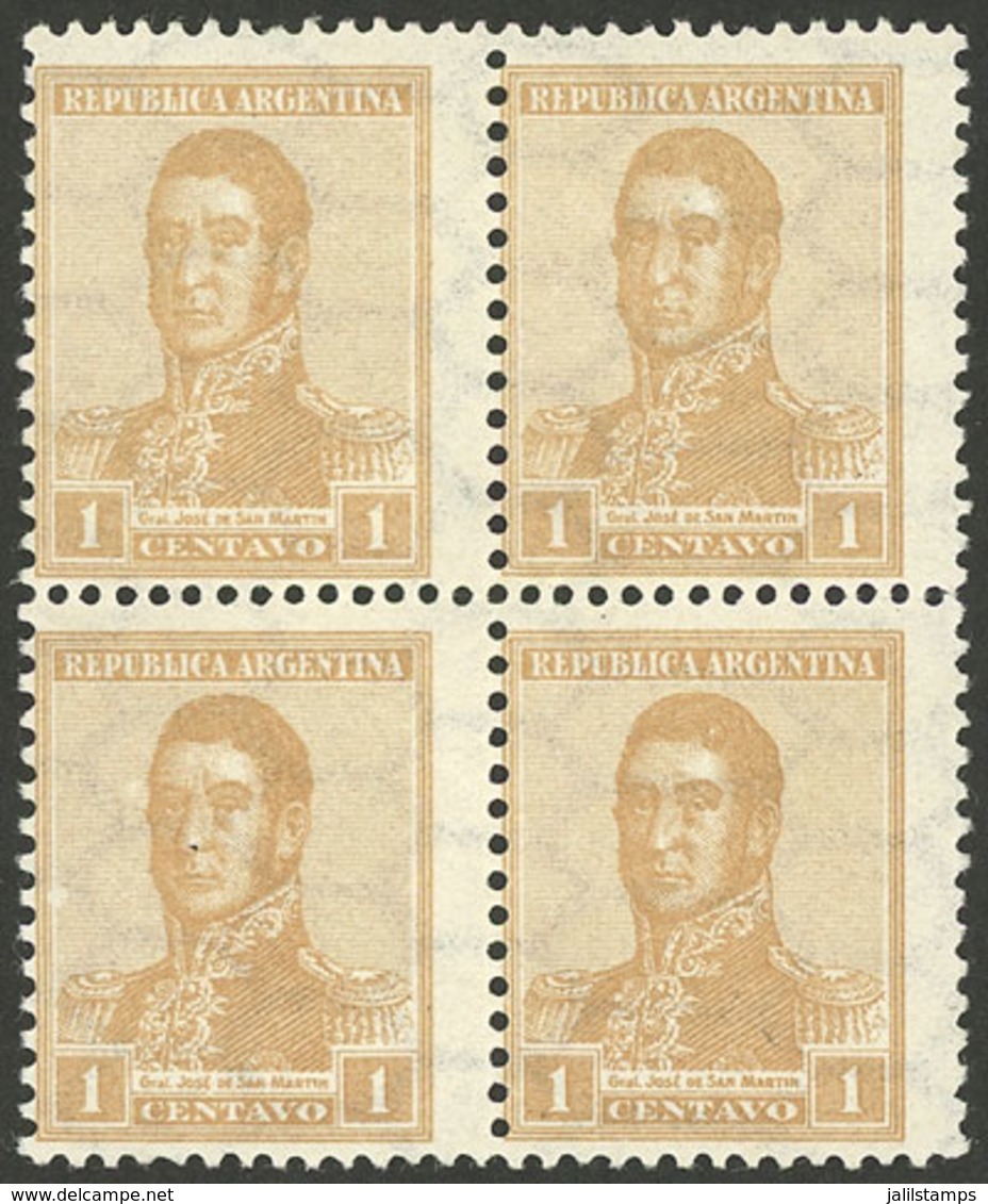 ARGENTINA: GJ.437, 1917 1c. San Martín With HORIZONTAL Honeycomb Wmk And PERF 13½x12½, Superb Block Of 4, The Bottom Sta - Autres & Non Classés