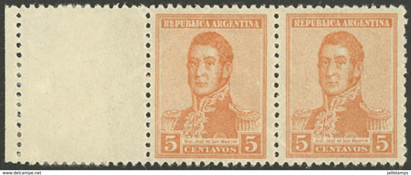 ARGENTINA: GJ.462CZ, 1918 5c. San Martín Unwatermarked WITH LABEL AT LEFT, MNH, VF And Rare! - Sonstige & Ohne Zuordnung