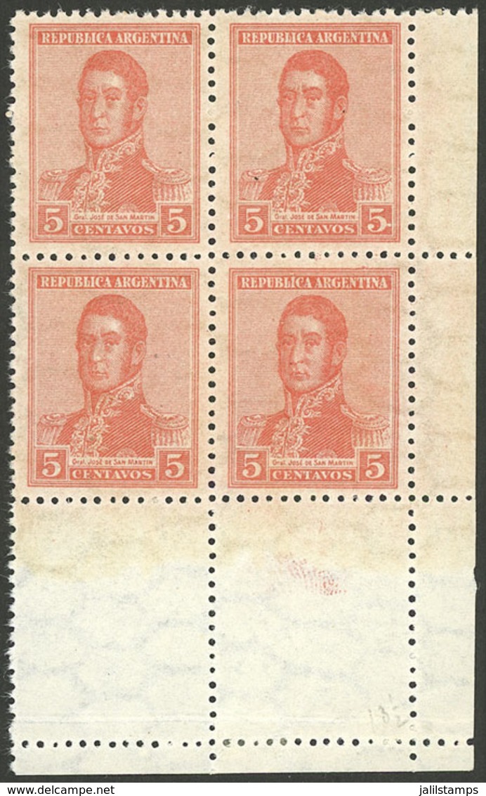 ARGENTINA: GJ.446CJ, 5c. San Martín With Horiz Honeycomb Wmk, Perf 13½, Block Of 4 WITH LABELS BELOW, MNH, Superb! Only  - Other & Unclassified