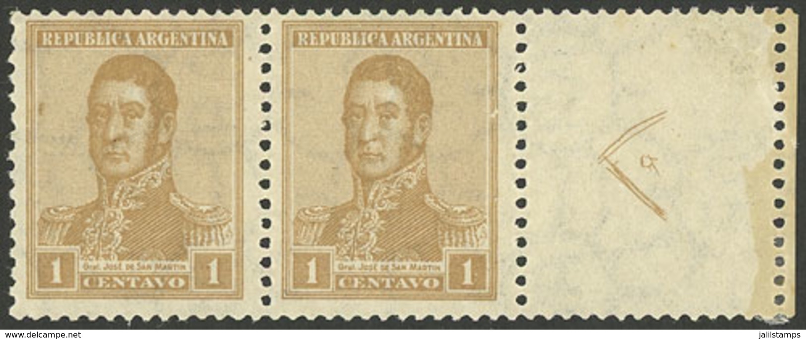 ARGENTINA: GJ.544CD, 1922 1c. San Martín With Sun Wmk, WITH LABEL AT RIGHT, MNH, Excellent! - Autres & Non Classés