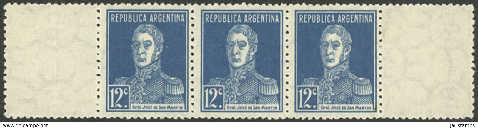 ARGENTINA: GJ.569, 1923 12c. San Martín With Period, Strip Of 3 WITH LABELS At Left And Right, MNH, Excellent And Very R - Altri & Non Classificati