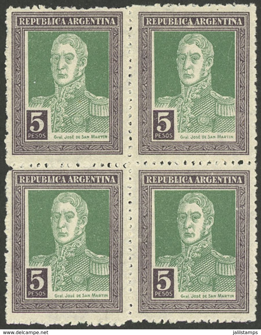 ARGENTINA: GJ.588, 1923 5P. San Martín With Sun Wmk, Superb Block Of 4 Very Lightly Hinged (it Appears MNH), Excellent! - Other & Unclassified