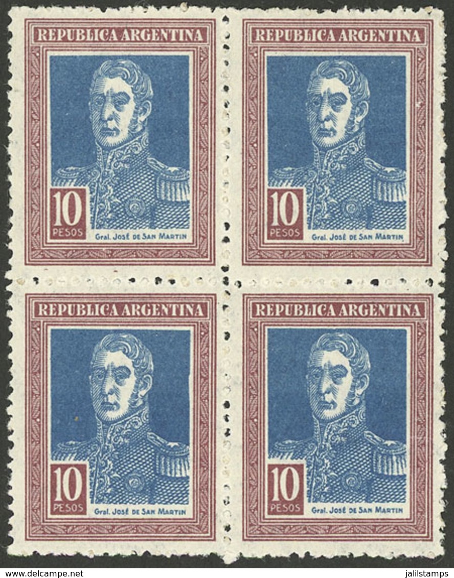 ARGENTINA: GJ.588, 1923 10P. San Martín With Sun Wmk, Superb Block Of 4 Very Lightly Hinged (it Appears MNH), Excellent! - Sonstige & Ohne Zuordnung