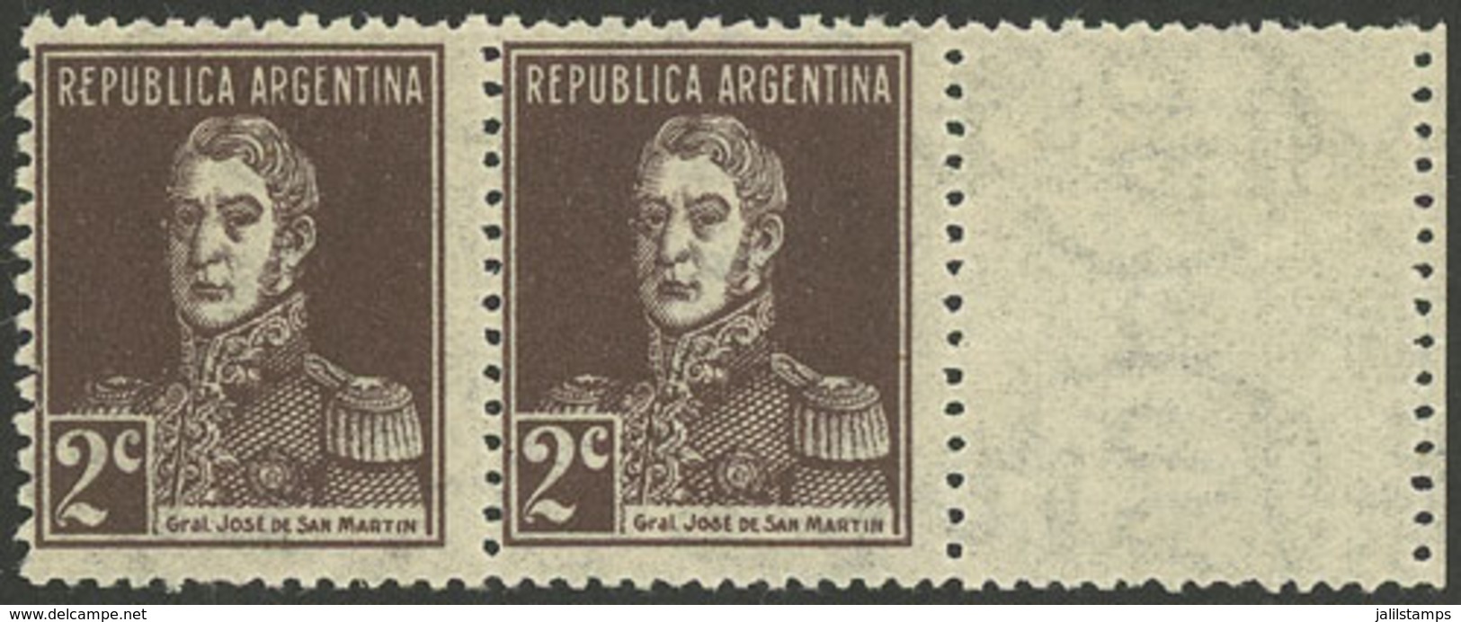 ARGENTINA: GJ.634CD, 1927 2c. San Martín With AP Wmk And THIN PAPER, With LABEL AT RIGHT, Very Rare, VF Quality! - Autres & Non Classés