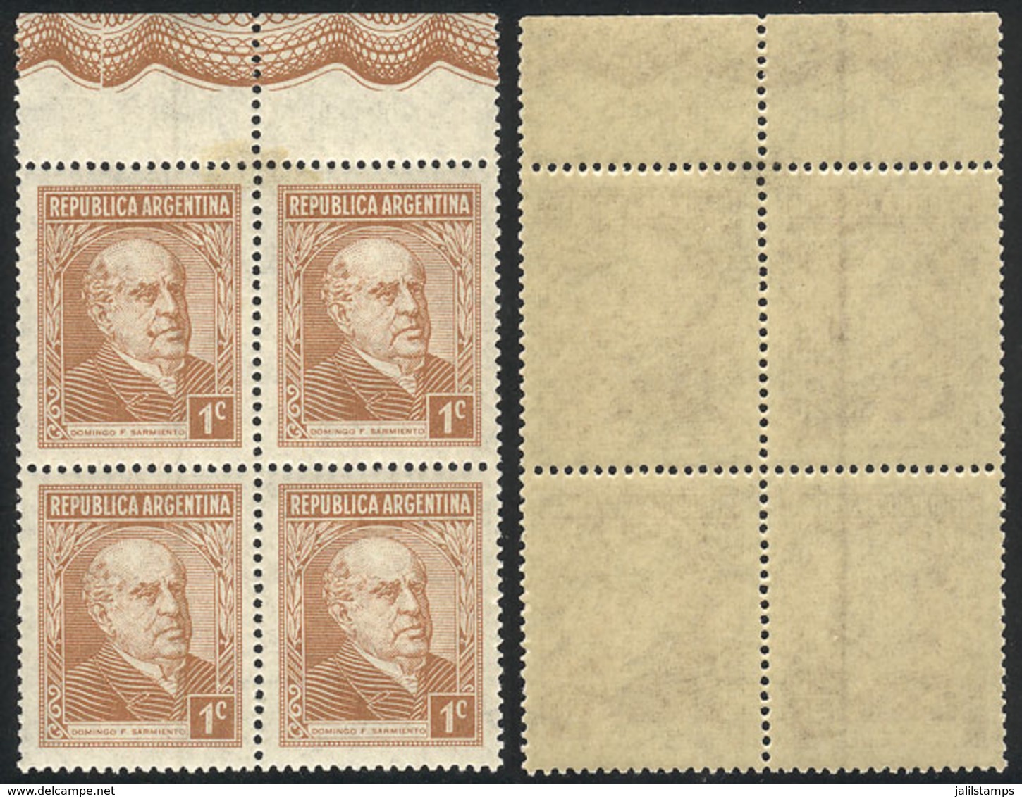 ARGENTINA: GJ.773d, 1c. Sarmiento, Block Of 4 With Variety: 2 Stamps With VERTICAL LINE WATERMARK, VF Quality, Rare! - Andere & Zonder Classificatie