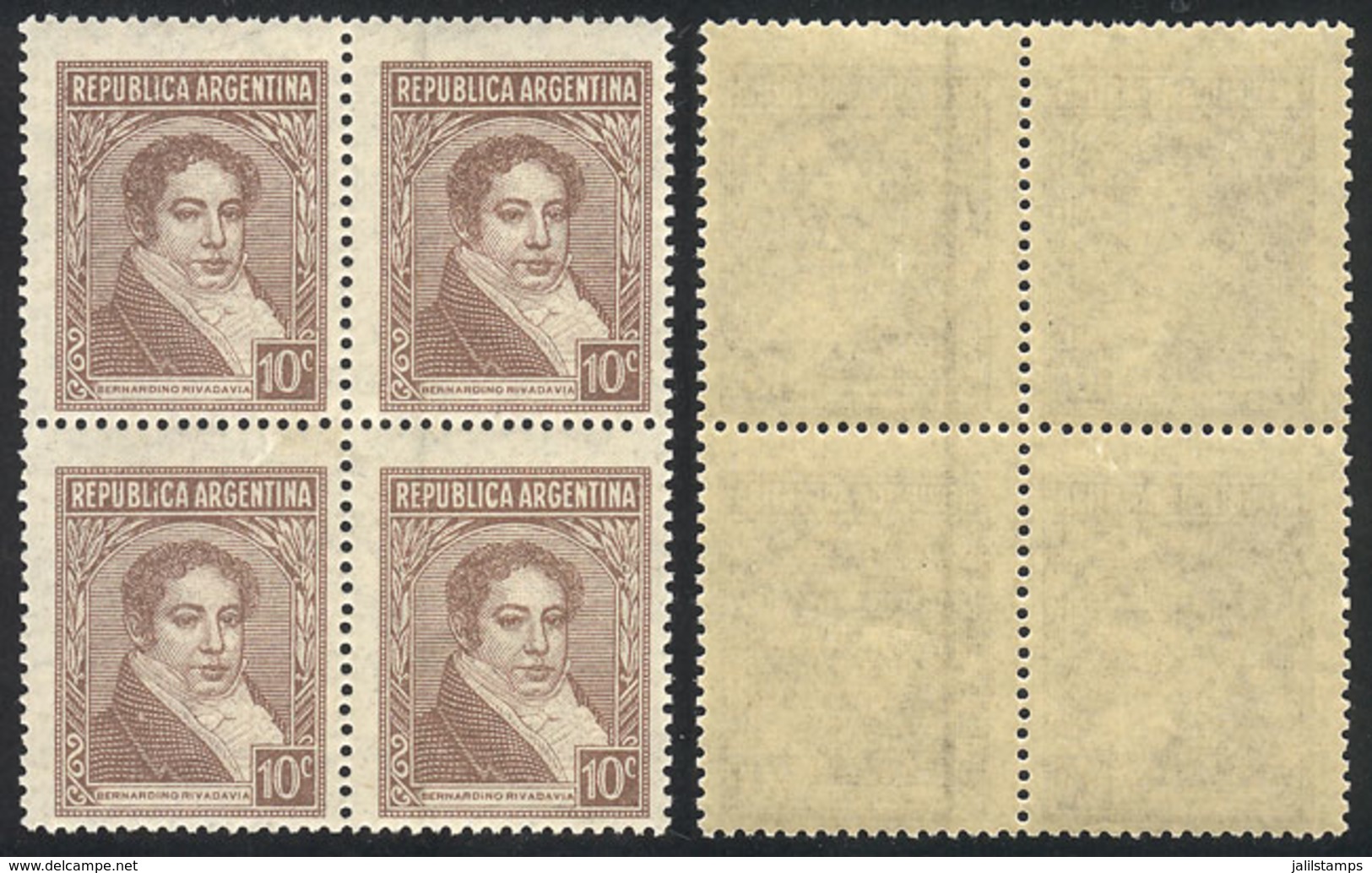 ARGENTINA: GJ.774Ab, 10c. Rivadavia, Block Of 4 With Variety: 2 Stamps With VERTICAL LINE WATERMARK, VF Quality, Rare! - Other & Unclassified