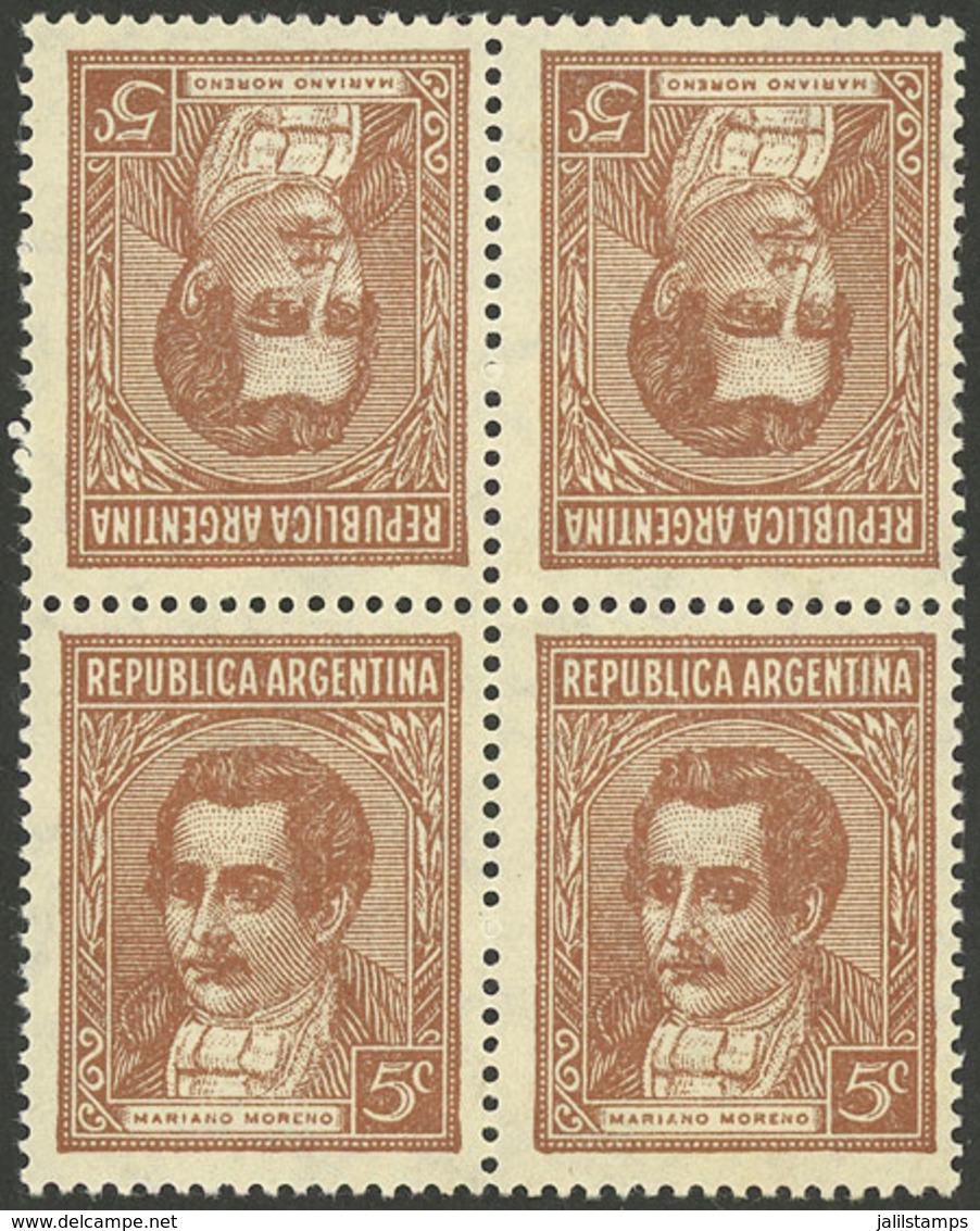 ARGENTINA: GJ.795T, 5c. Moreno, Unsurfaced Paper, TETE-BECHE Block Of 4, MNH (+30%), Excellent Quality! - Other & Unclassified