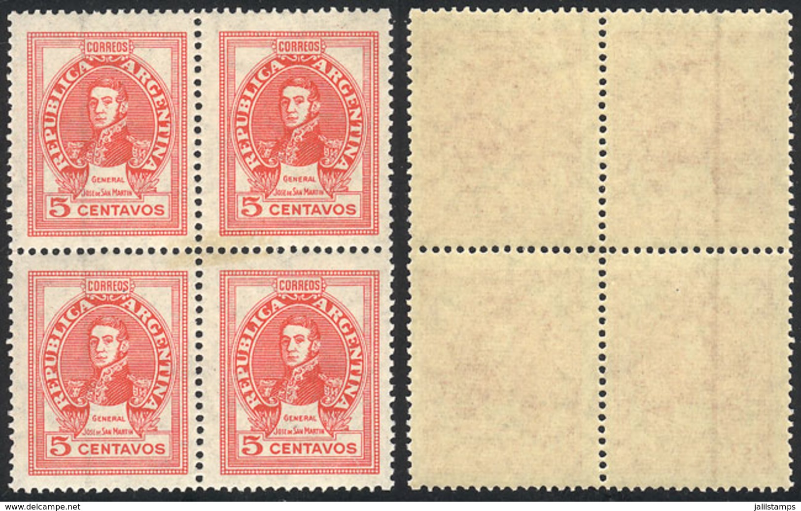 ARGENTINA: GJ.878c, 1942/52 5c. San Martín On National Unsurfaced Paper, Block Of 4 With Variety: 2 Stamps With VERTICAL - Other & Unclassified