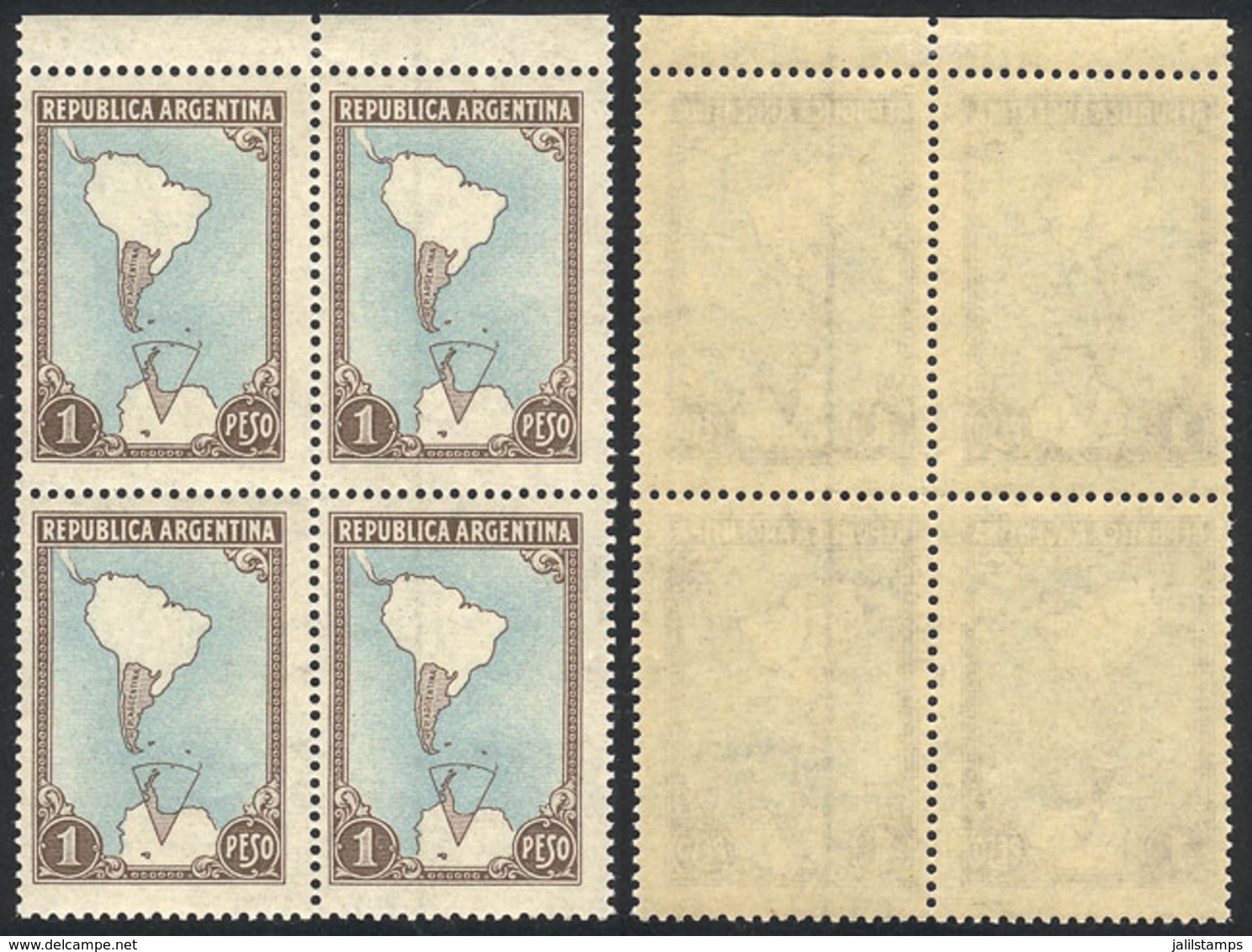 ARGENTINA: GJ.880, 1943/51 1P. Map With Antarctica, National Unsurfaced Paper, Block Of 4 With Variety: 2 Stamps With VE - Sonstige & Ohne Zuordnung