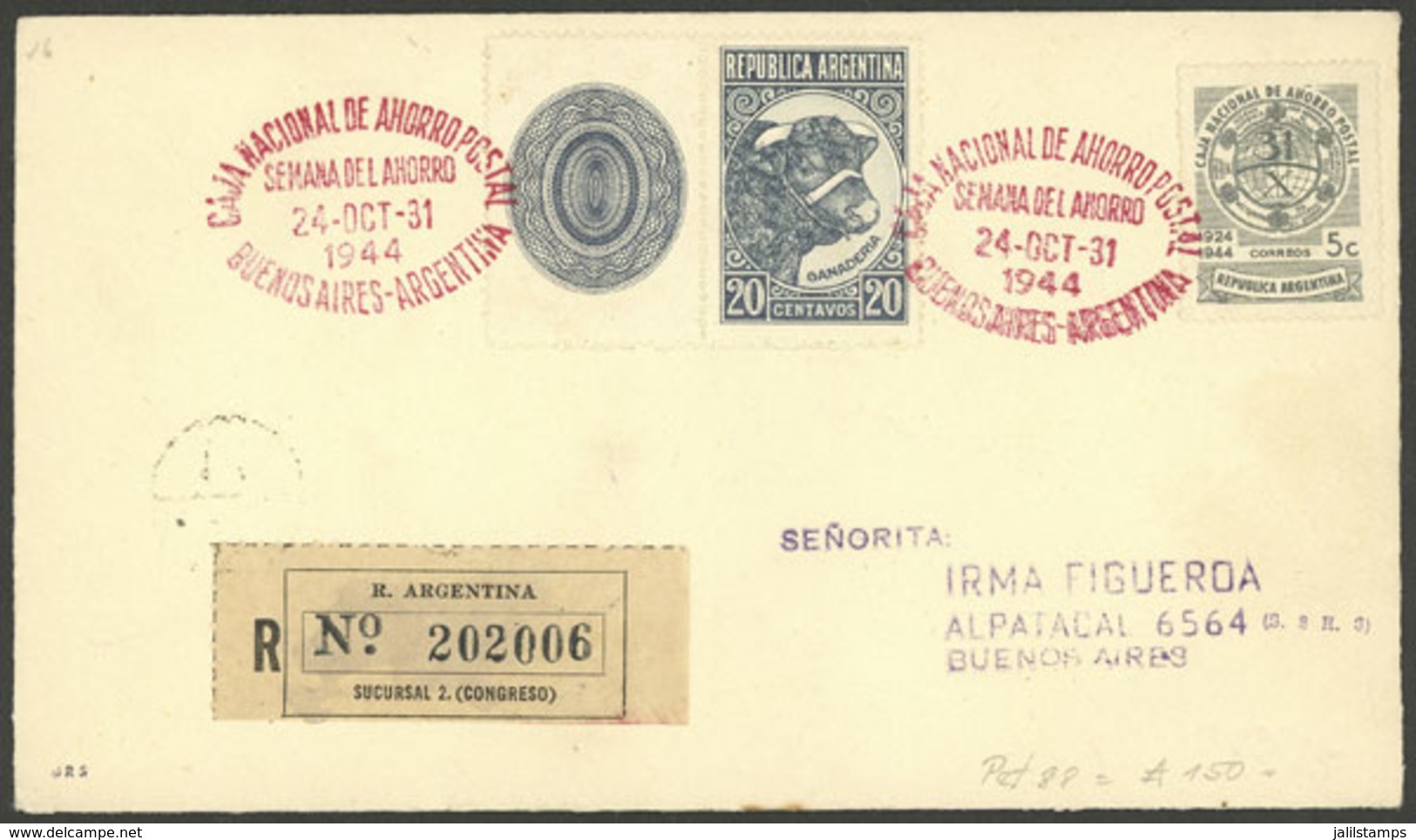 ARGENTINA: GJ.884CZ, 1942/52 20c. Bull, Straight Rays Wmk, LABEL AT LEFT, Franking A Registered Cover Used In Buenos Air - Other & Unclassified