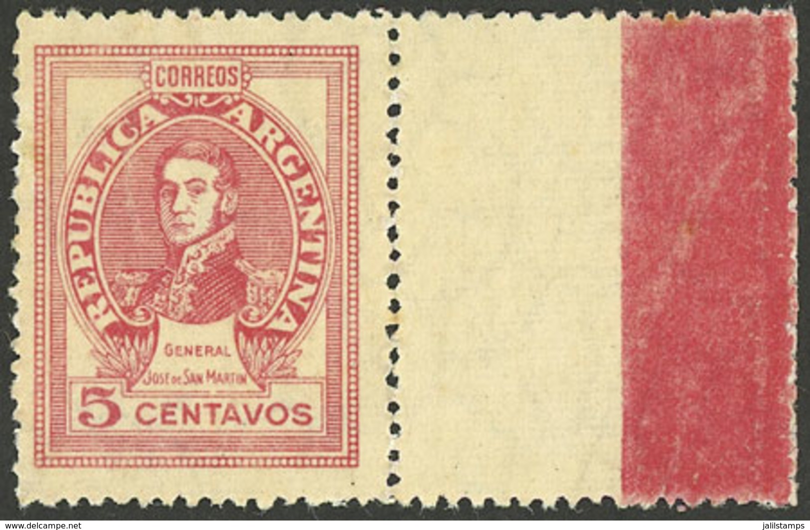 ARGENTINA: GJ.890SGCD, 1942/52 5c. San Martín PRINTED ON GUM, Also With A LABEL AT RIGHT Decorated By Thick Line, Very R - Autres & Non Classés