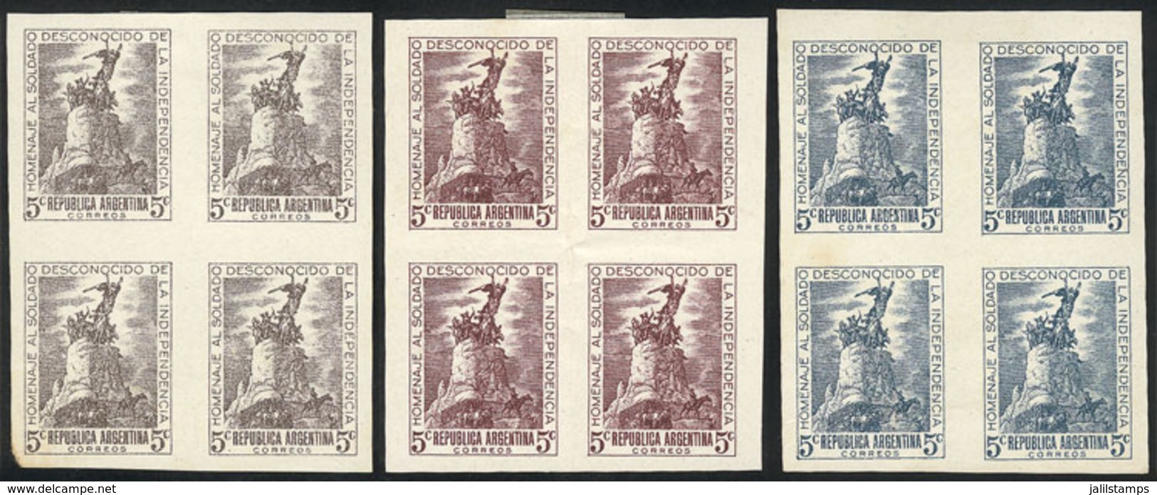 ARGENTINA: GJ.926, 1946 Unknown Soldier, PROOFS In 3 Different Colors, Imperforate Blocks Of 4 On Paper With Glazed Fron - Autres & Non Classés