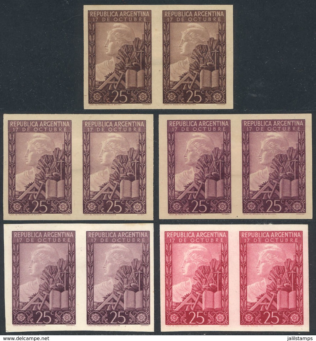 ARGENTINA: GJ.961, 1948 Commemoration Of October 17, Trial Color PROOFS: 3 Pairs On Opaque Paper And 2 Pairs On Glazed P - Sonstige & Ohne Zuordnung