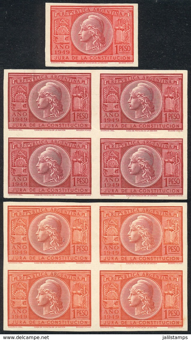 ARGENTINA: GJ.973, 1949 Constitution, Trial Color PROOFS, 2 Blocks Of 4 In Unadopted Colors And One Single In The Adopte - Andere & Zonder Classificatie