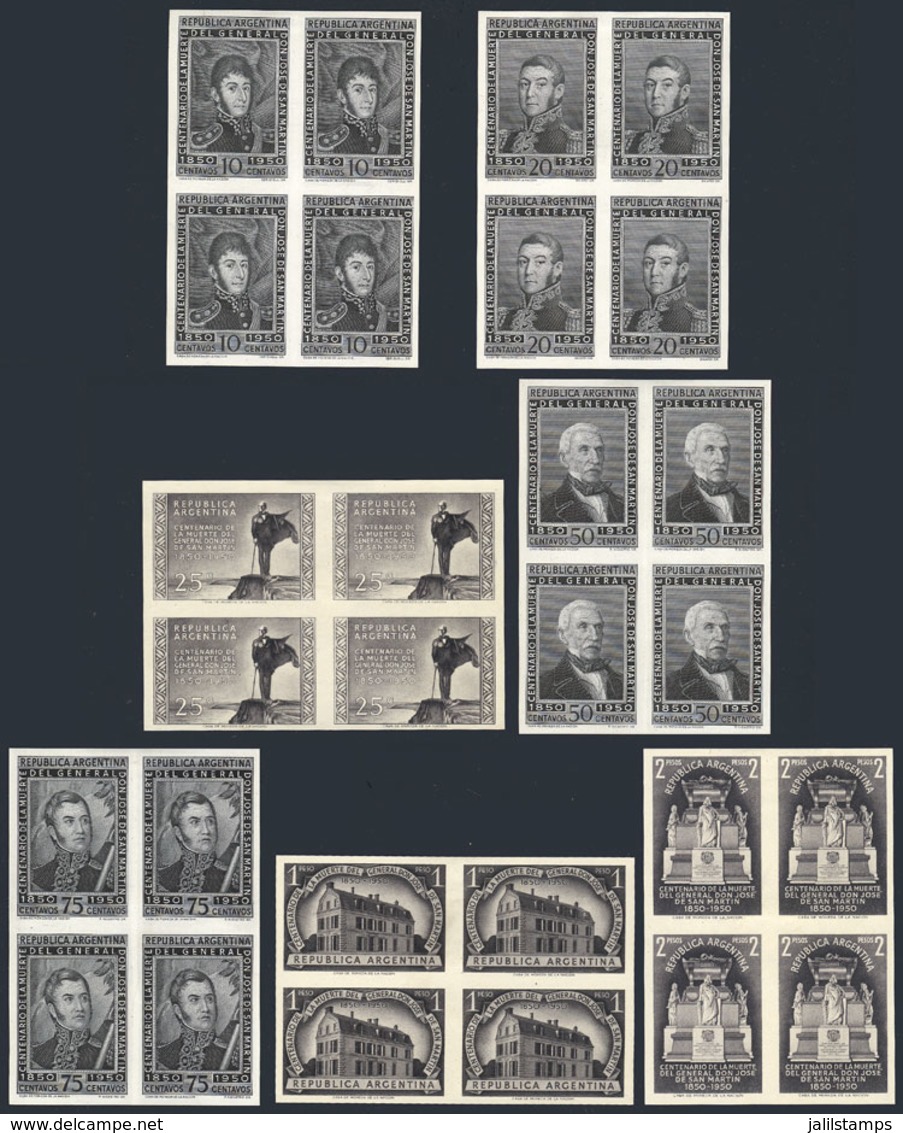 ARGENTINA: GJ.976/982, 1950 San Martín, TRIAL COLOR PROOFS In Black Of The Cmpl. Set Of 7 Values In Imperforate Blocks O - Autres & Non Classés