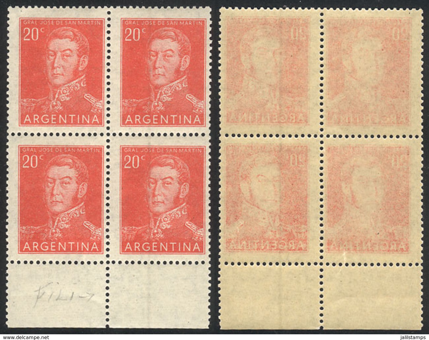 ARGENTINA: GJ.1035, 1954 20c. San Martín, Block Of 4 With Variety: 2 Stamps With VERTICAL LINE WATERMARK, VF Quality, Ra - Autres & Non Classés