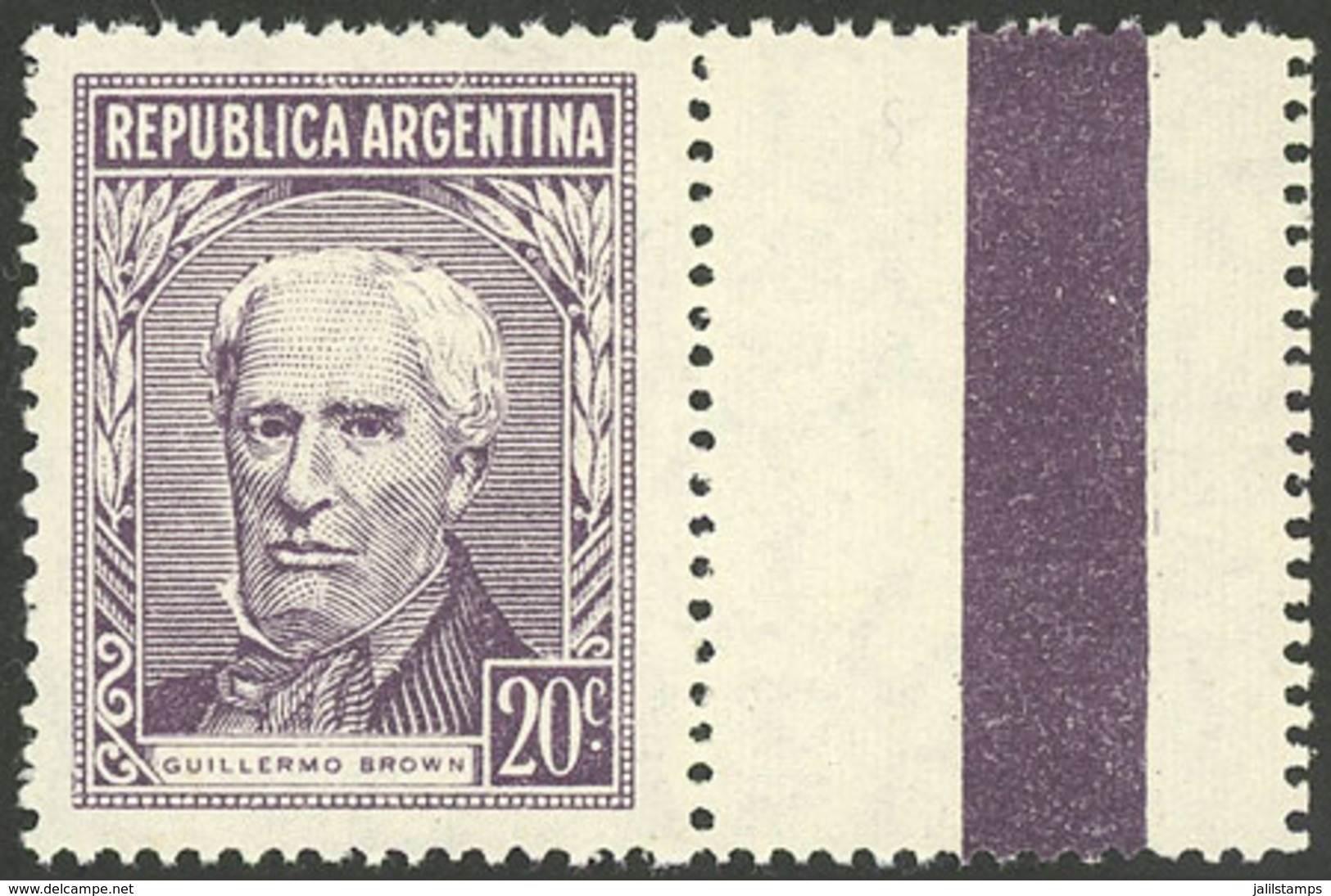 ARGENTINA: GJ.1037dCD, 1954/7 20c. Brown Type B, Gaufré Paper ('gofrado') And WITH LABEL AT RIGHT, VF Quality! - Autres & Non Classés