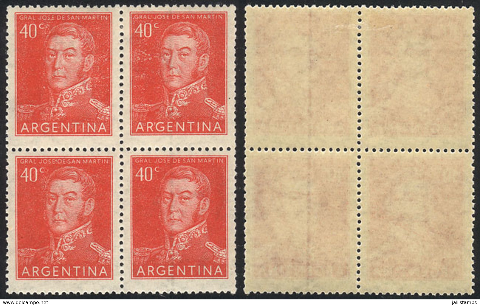 ARGENTINA: GJ.1040, 1954 40c. San Martín, Block Of 4 With Variety: 2 Stamps With VERTICAL LINE WATERMARK, VF Quality, Ra - Andere & Zonder Classificatie