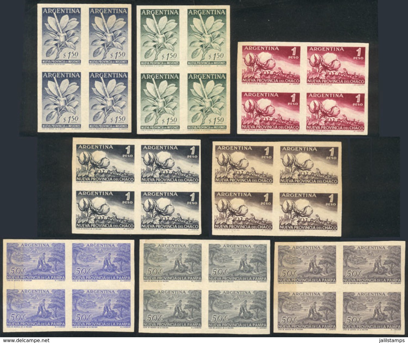 ARGENTINA: GJ.1068/1070, 1956 New Provinces (La Pampa, Chaco And Misiones), 8 Different TRIAL COLOR PROOFS, Imperforate  - Andere & Zonder Classificatie