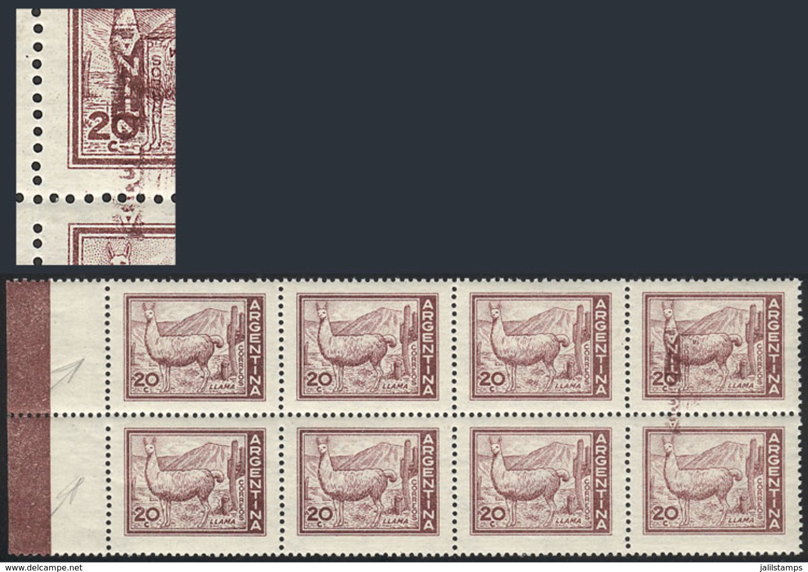 ARGENTINA: GJ.1124b, 1959 20c. Llama, Block Of 8 With Perforation Variety (salto De Peine, Between The Top And Bottom Ro - Autres & Non Classés