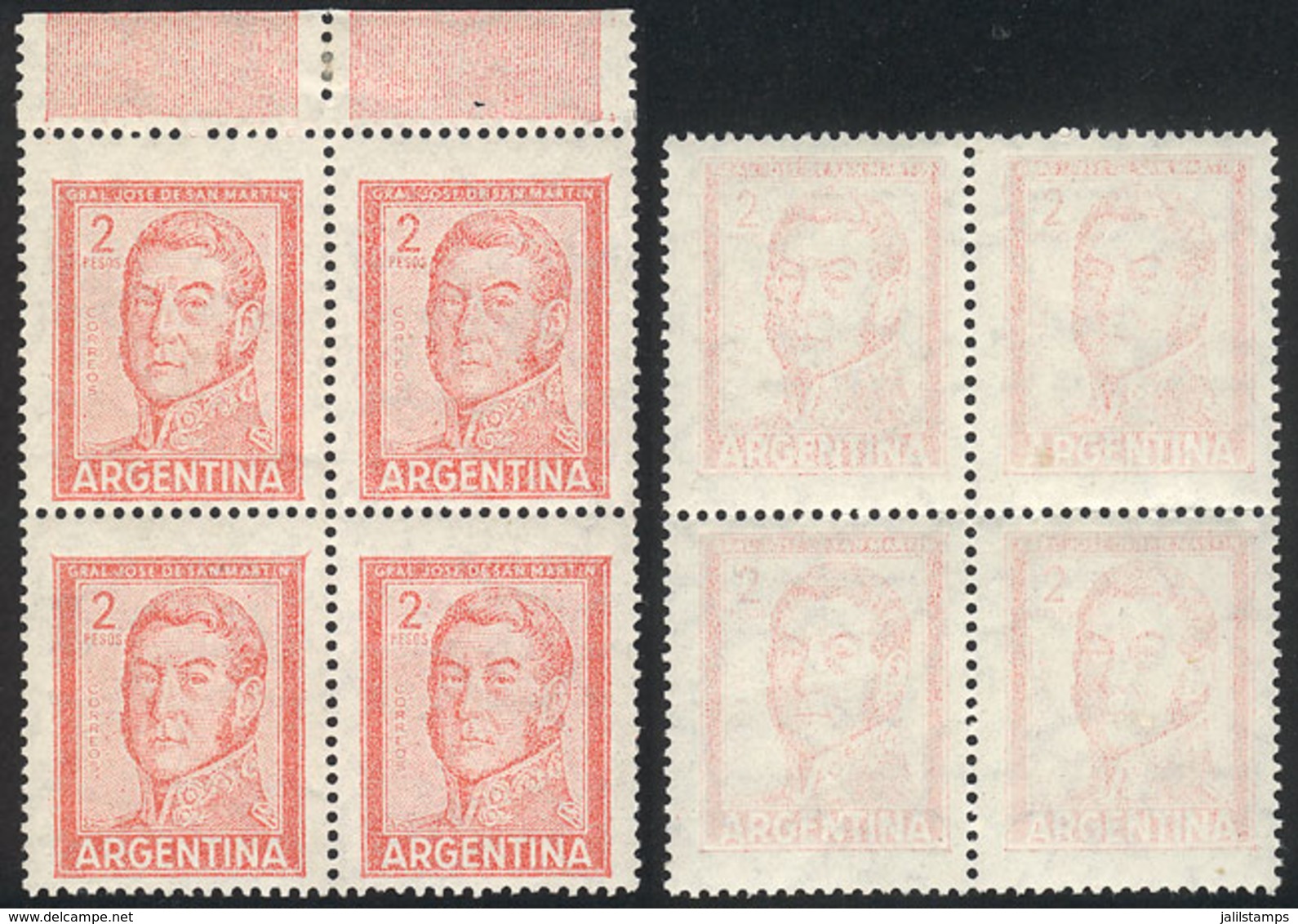 ARGENTINA: GJ.1132, Block Of 4 With SOFT IMPRESSION Variety (very Little Ink), And Another One With DRY IMPRESSION (virt - Autres & Non Classés