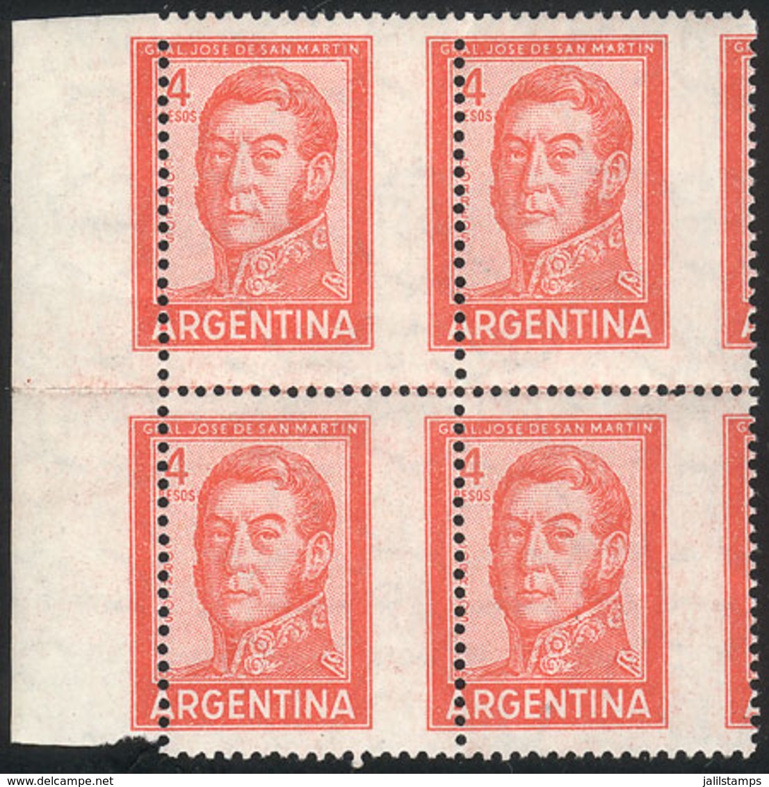 ARGENTINA: GJ.1138, Block Of 4 With VERY SHIFTED PERFORATION, MNH, VF Quality (one With Tiny Hinge Mark)! - Andere & Zonder Classificatie