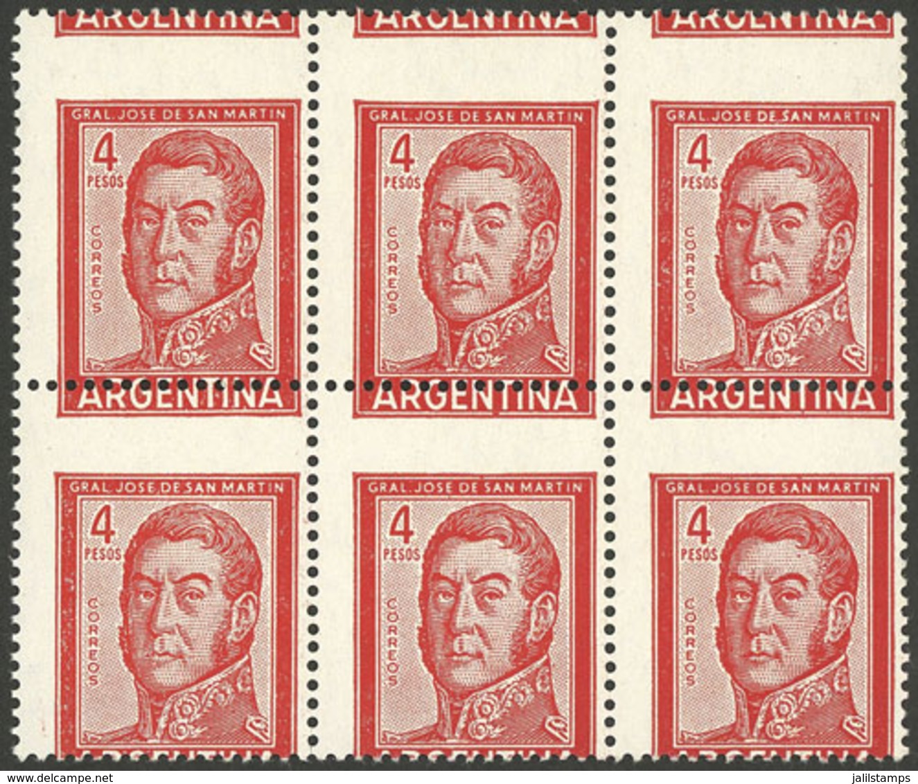 ARGENTINA: GJ.1139A, Block Of 6 With SHIFTED PERFORATION (very Notable, With ARGENTINA At Top Of The Stamps), MNH, VF Qu - Autres & Non Classés