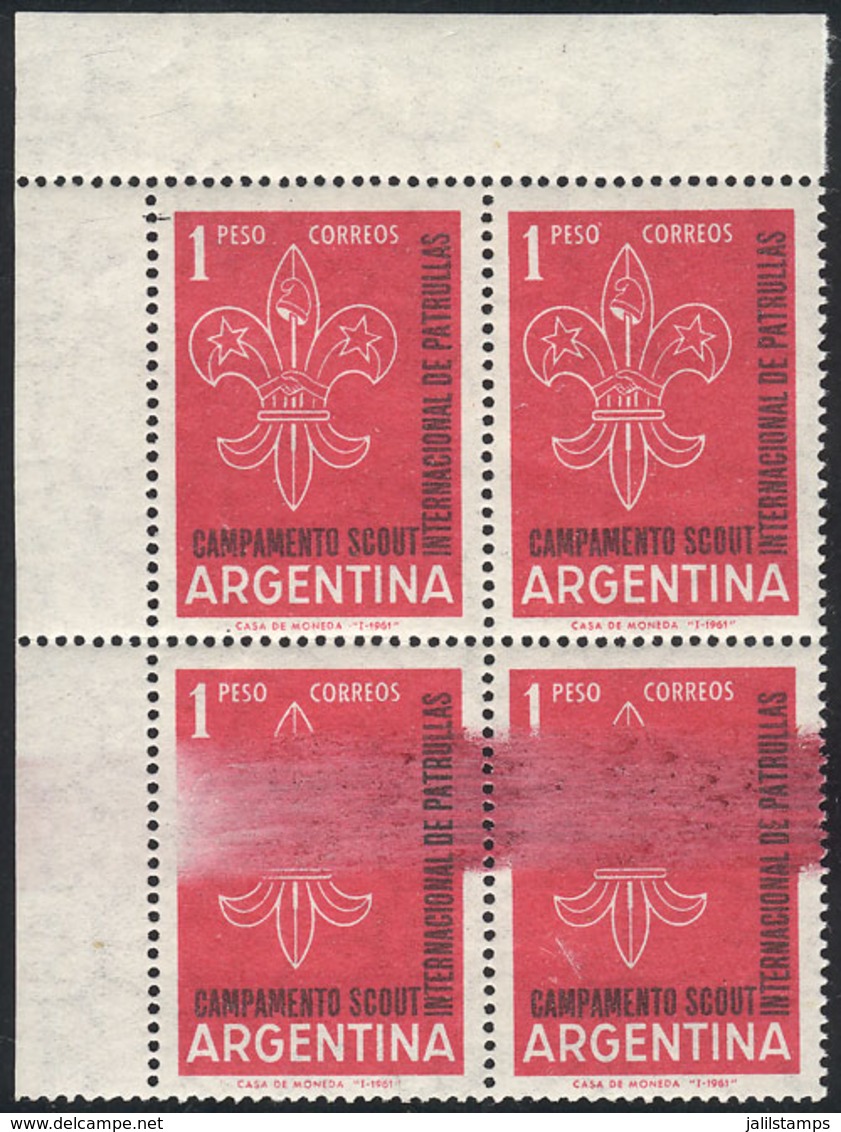 ARGENTINA: GJ.1204, 1961 Jamboree (Scouts), Block Of 4 With VARIETY: The Bottom Stamps With Large Smear, Excellent And S - Other & Unclassified