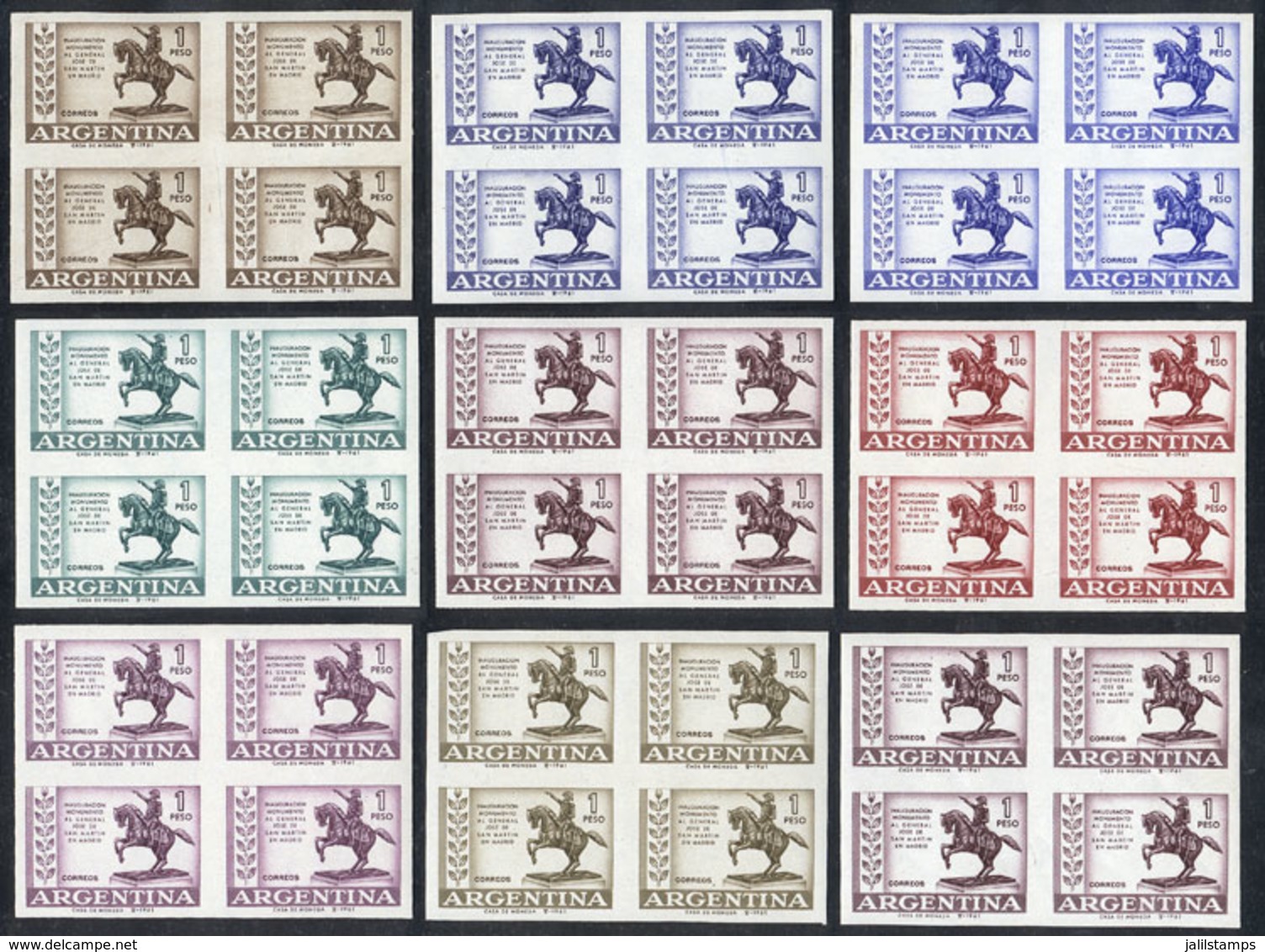 ARGENTINA: GJ.1216P, 1961 Monument To San Martín, 9 Different TRIAL COLOR PROOFS In Imperf Blocks Of 4 On Original Paper - Autres & Non Classés