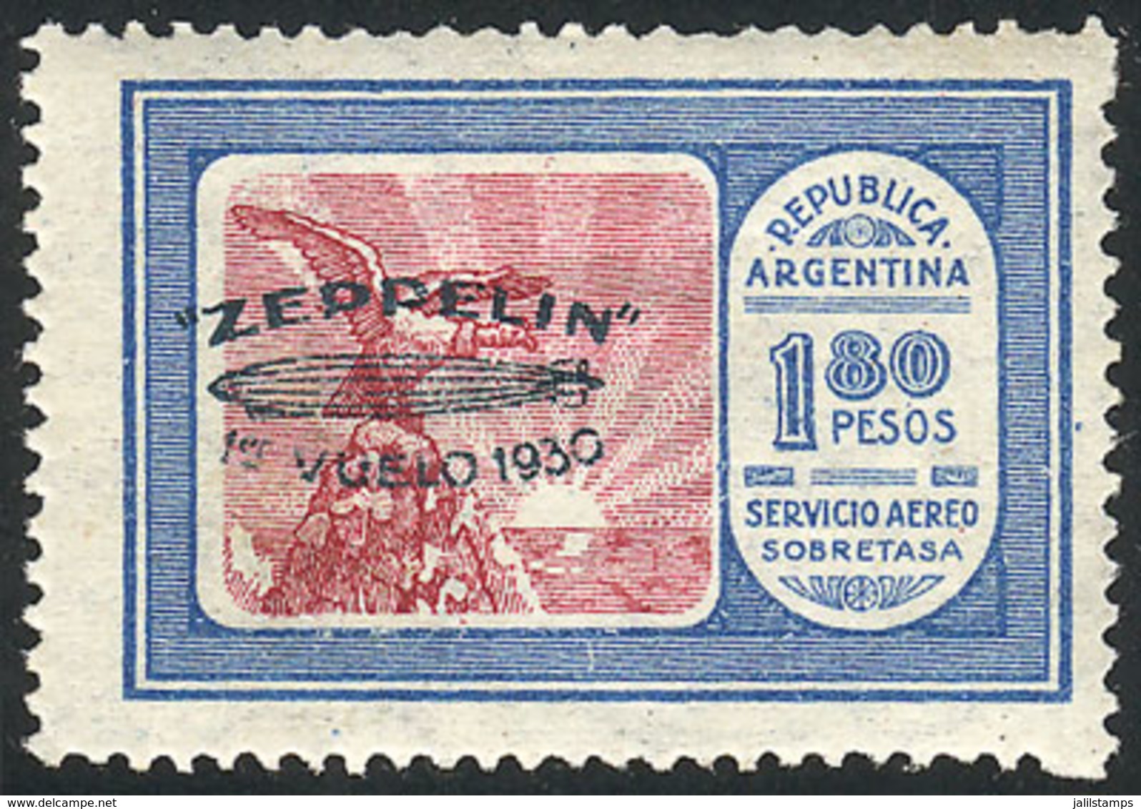 ARGENTINA: GJ.669a, 1930 Zeppelin 1.80P. With Green Overprint (Austrian Paper), Mint Very Lightly Hinged (it Appears MNH - Luftpost