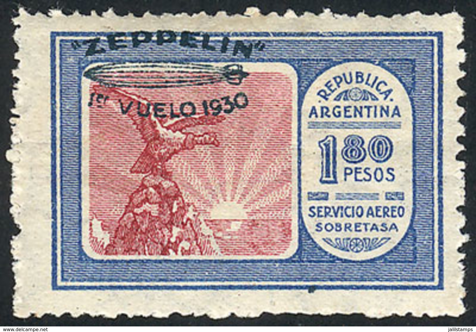 ARGENTINA: GJ.669a, 1930 Zeppelin 1.80P. With Green Overprint SHIFTED Toward Top-left, Mint With Tiny Hinge Mark (it App - Poste Aérienne