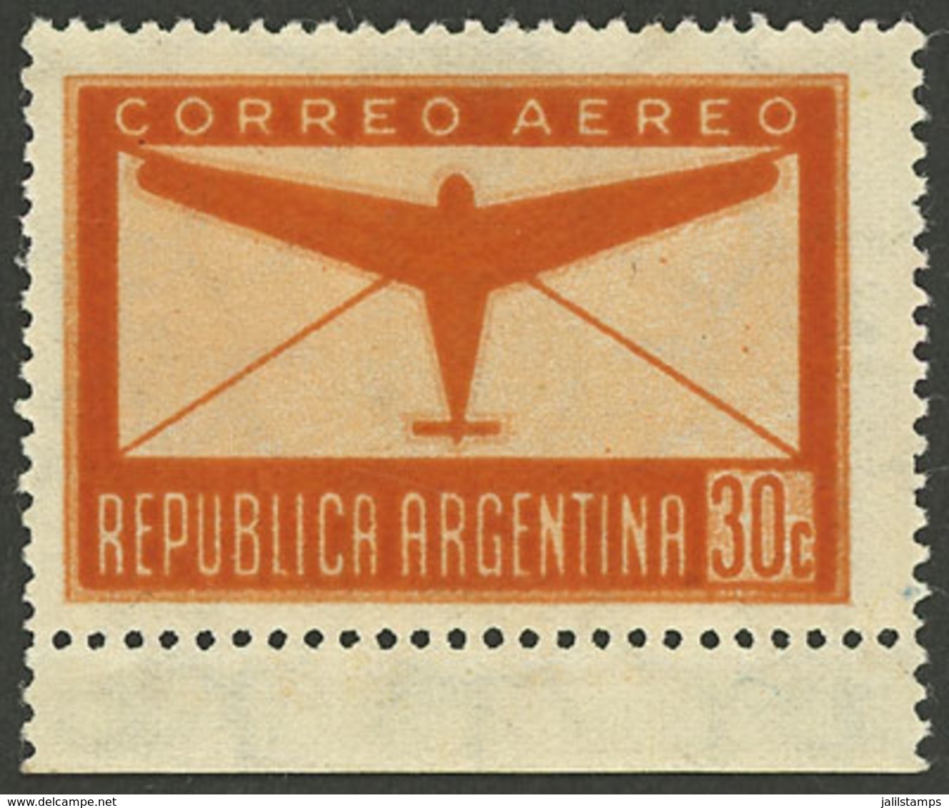 ARGENTINA: GJ.845SG, 1940 30c. Stylized Airplane, PRINTED ON GUM Variety, VF, Scarce! - Airmail