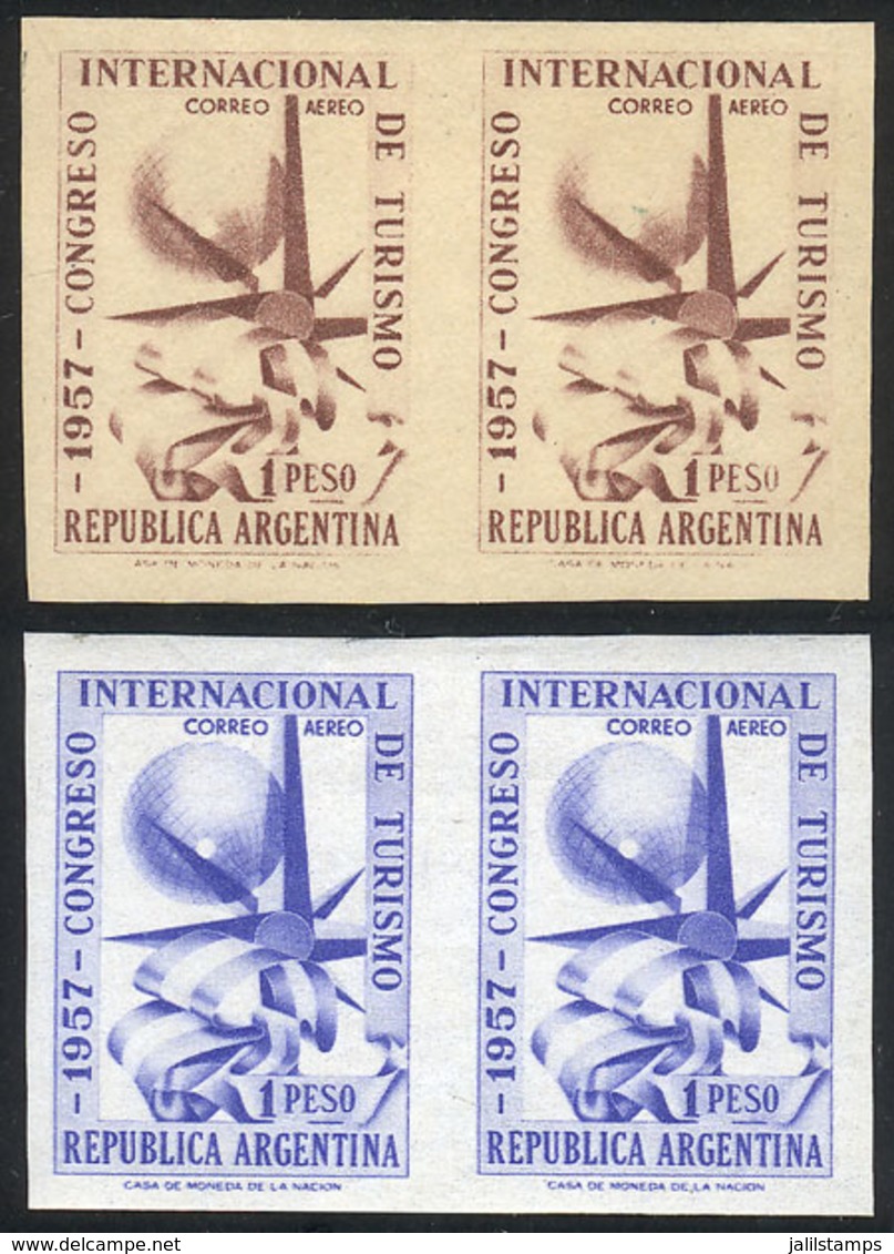 ARGENTINA: GJ.1086, 1957 1P. Congress On Tourism, TRIAL COLOR PROOFS In Imperforate Pairs, In Blue On Original Paper (wi - Poste Aérienne