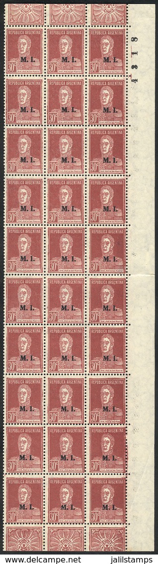 ARGENTINA: GJ.334, 1931 30c. San Martín Typographed, Beautiful Block Of 30 (right Sheet Margin), Mint No Gum, VF Quality - Dienstmarken