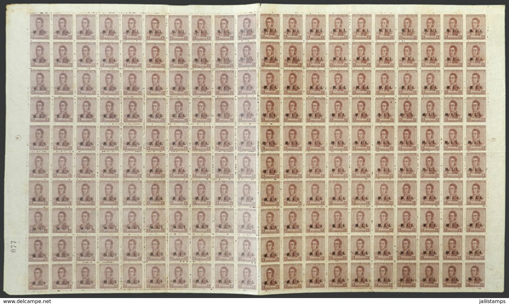 ARGENTINA: GJ.384, 1918 2c. San Martín, Complete Sheet Of 200 Stamps, Of Which 21 Have W.Bond Watermark, Also Including  - Service