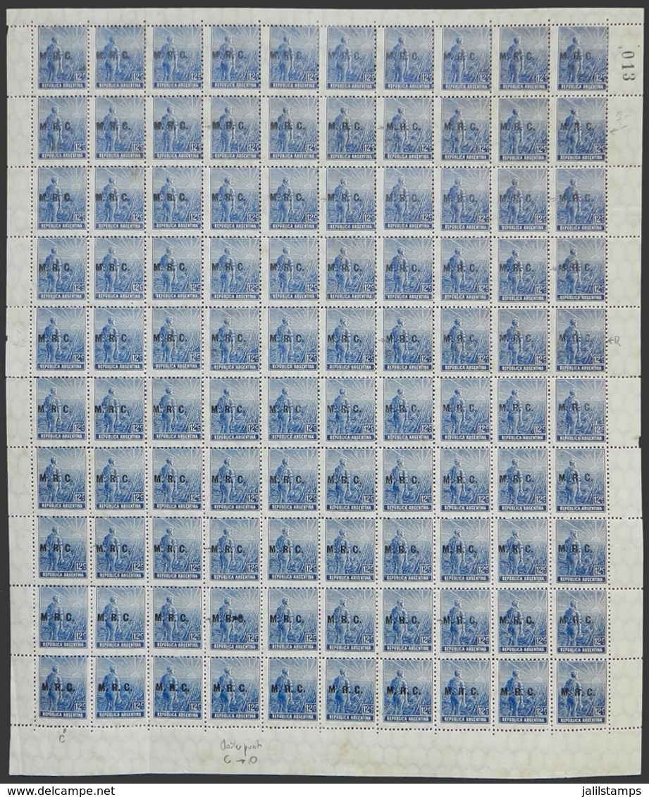 ARGENTINA: GJ.578, 1912 12c. Plowman With M.R.C. Overprint, Complete Sheet Of 100 Stamps, Including Some Overprint VARIE - Officials